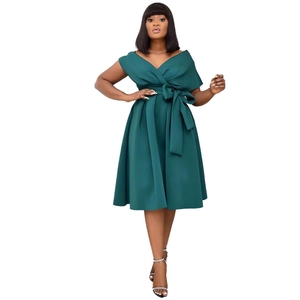 Elegant dark green V-neck midi dress featuring a stylish waist tie and A-line silhouette