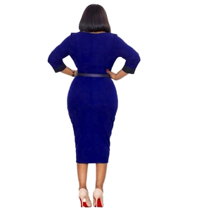 Detail view of royal blue midi dress featuring three-quarter sleeves and slim waist belt