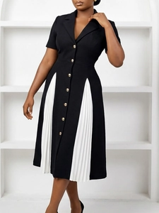 Robe Élégante à Col Blazer Bloc De Couleur Manches Courtes Robe Midi Plissée Boutons Dorés Office Lady Coupe Slim Tenue De Soirée Formelle