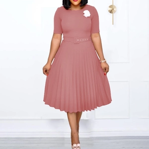 Elegant mauve pink pleated midi dress with round neck, belt, and floral shoulder detail