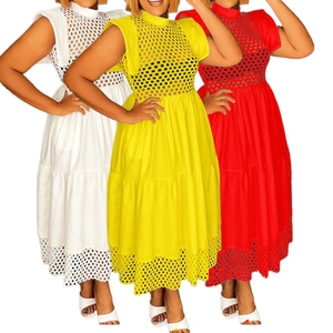 Robe d'été ligne A pour femmes avec manches volantées et dentelle ajourée patchwork
