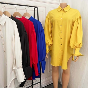 Detail of puffed lantern sleeves and button-down front on a loose shirt dress