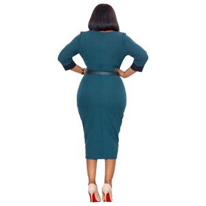 Back view of a peacock green slim fit midi dress with black cuffs and waist belt