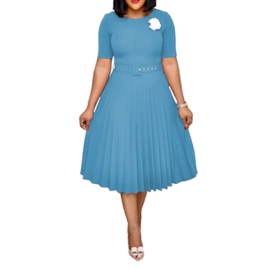 Elegant sky blue pleated midi dress with round neck, floral decor, and matching belt