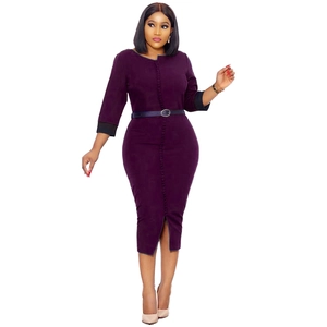 Elegant purple bodycon dress with three-quarter sleeves, waist belt, and slit detailing