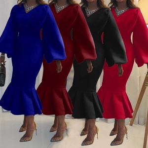 Detail of elegant V-neck long sleeve fishtail dresses in royal blue, wine, and black colors