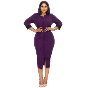 Detail of slim fit purple dress with button-down front, black cuffs and waist belt