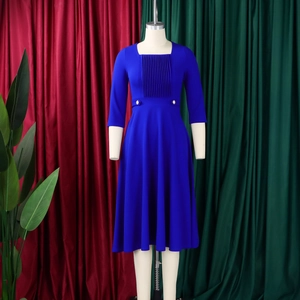 Detailed square neckline and vertical pleats on a royal blue A-line maxi dress