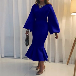 Elegant V Neck Long Sleeve Puff Sleeve Mermaid Midi Dress For Women Sexy Slim Fit Bodycon Evening Cocktail Party Dress