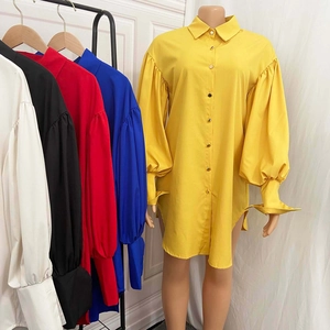 Detail showing puff sleeves and button-down closure of a loose-fit shirt dress