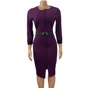 Detail of purple bodycon dress with button row, black belt and contrast cuffs
