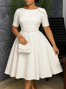 Elegant Rundhals Kurzarm A-Linie Midi Kleid Mit Gürtel Einfarbig Büro Dame Formelle Party Afrikanischer Stil Damen Kleid