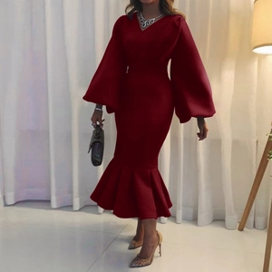 Elegant wine red V-neck fishtail midi dress with long lantern sleeves for women