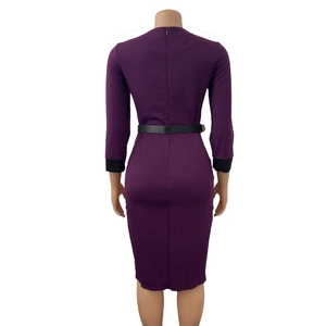 Back view of a purple bodycon dress featuring a discreet zipper and black belt detail