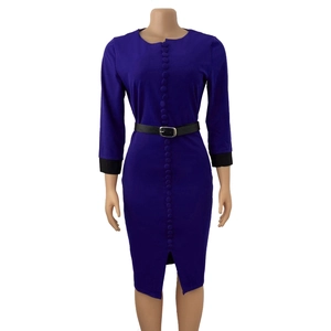 Slim fit purple long sleeve knit dress with contrast black cuffs and belt