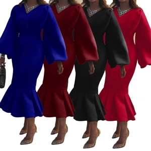 Women V-neck fishtail dress in royal blue, wine red, black, and red color options