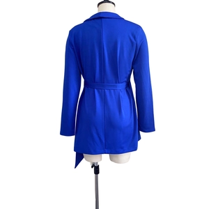 Rear view of a royal blue long-sleeve blazer dress with belted waist and asymmetric hem