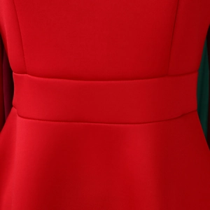 Detailaufnahme des hohen Taillenbunds am tiefroten einfarbigen Kleid mit sauberer Naht