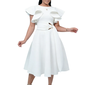 Detail of white dress showing elegant tiered ruffle sleeves and waist belt with buckle