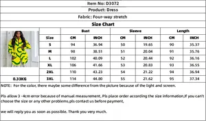 Size chart for the printed lapel shirt dress showing S to 3XL measurements in cm and inches