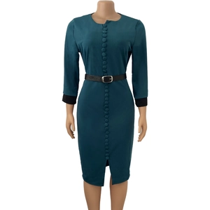 Detail of teal midi dress featuring three-quarter sleeves and decorative button row