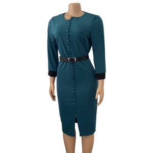 Detail of teal midi dress with row of buttons, black contrast sleeves and slim belt