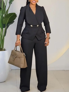 Combinaison Élégante à Col à Revers Pour Femmes Tenue de Bureau Professionnelle Manches Longues Slim Jambe Large