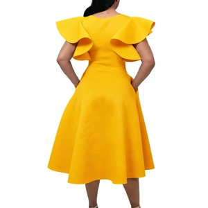 Back view of elegant bright yellow midi dress with ruffle sleeves and A-line silhouette