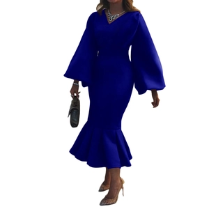 Detail of royal blue V-neck mermaid dress with elegant puff sleeves and bodycon fit