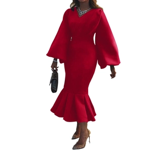 Elegant V-neck red midi dress with puff sleeves and mermaid hem in a slim fit silhouette