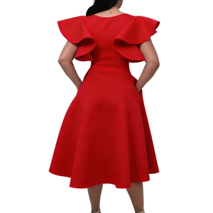 Rear view of an elegant red A-line dress with tiered ruffle sleeves and a cinched waist