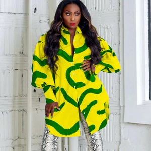 Women's Abstract Print Shirt Dress Long Sleeve Lapel Puff Sleeve Loose Midi Dress For Daily Vacation Elegant Streetwear