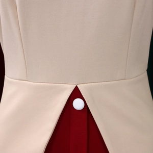 Gros plan d'une robe beige et rouge foncé montrant la taille et les détails du bouton