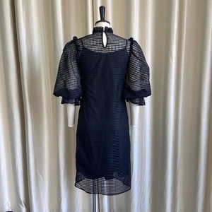 Detail of black mesh dress featuring puff sleeves and high ruffle neck on a mannequin