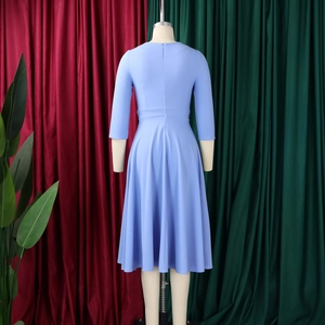Rear view of light blue A-line dress with long vertical invisible zipper on the back