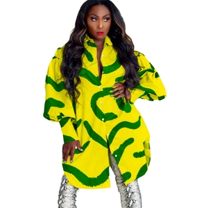 Yellow shirt dress with green wave print and lapel collar for chic street style