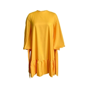 Detail of high neck dress with puff lantern sleeves and ribbon ties in bright yellow