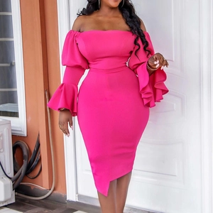 Detail of fuchsia off-shoulder dress featuring tiered flare sleeves and a bodycon fit