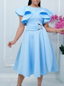 Elegant Ruffle Sleeve A-Line Midi Dress For Women Solid Color Round Neck Belted Waist Party Wedding Guest Evening Gown