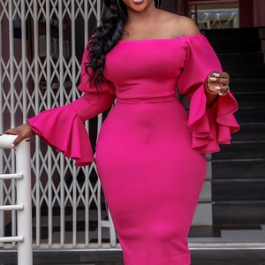 Elegant off-shoulder magenta bodycon dress with three-layer ruffled bell sleeves