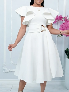 Elegant white dress with ruffle sleeves and a wide belted waist featuring a gold buckle