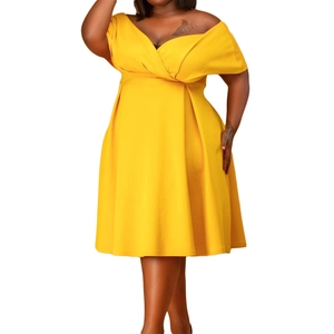 Elegant bright yellow plus size V-neck off-shoulder dress with A-line silhouette