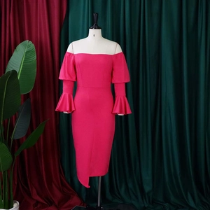 Detail of rose red off-shoulder bodycon dress with tiered bell sleeves and asymmetric hemline