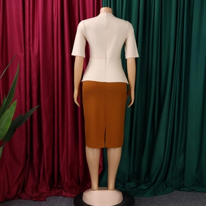 Détail de la fermeture éclair et de la fente arrière d'une robe crayon beige et marron