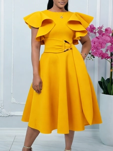 Elegant bright yellow mid-length dress with ruffle sleeves and buckled waist belt