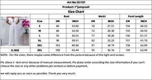 Detailed size chart for deep V-neck sheer mesh jumpsuit with wide leg design