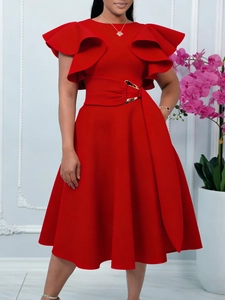 Elegant red midi dress with ruffled sleeves and gold buckle belt on a model