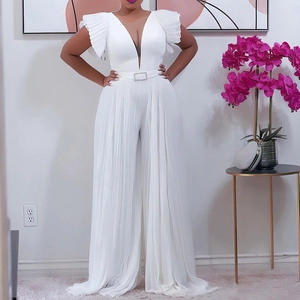 Women Polyester Deep V Neck Pleated Wide Leg Jumpsuit Elegant Mesh Stitching Belted Solid Color One Piece Jumpsuit