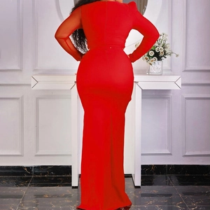 Elegant red long-sleeved evening gown with sheer mesh sleeves and back zipper closure