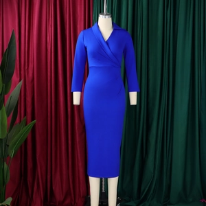 Vue détaillée d'une robe bleue à col en V montrant des fronces à la taille et une coupe ajustée